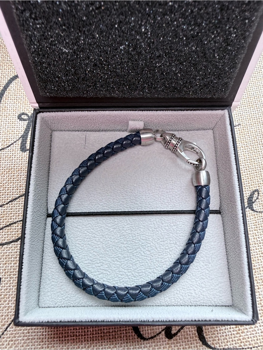 Men's Braided Leather Bracelet with Silver Clasp - Navy